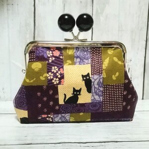 あめ玉 角型 親子がま口 お財布ポーチ 猫 和柄 桜 パッチ 黒猫 紫