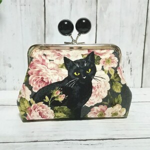 あめ玉 角型 親子がま口 お財布ポーチ 猫 薔薇と黒猫 黒