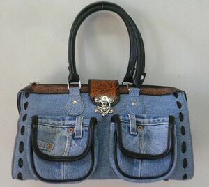  jeans remake Denim cow leather Carving floral print 2way Boston bag shoulder cord shoulder attaching / cow leather handle / man and woman use bag 