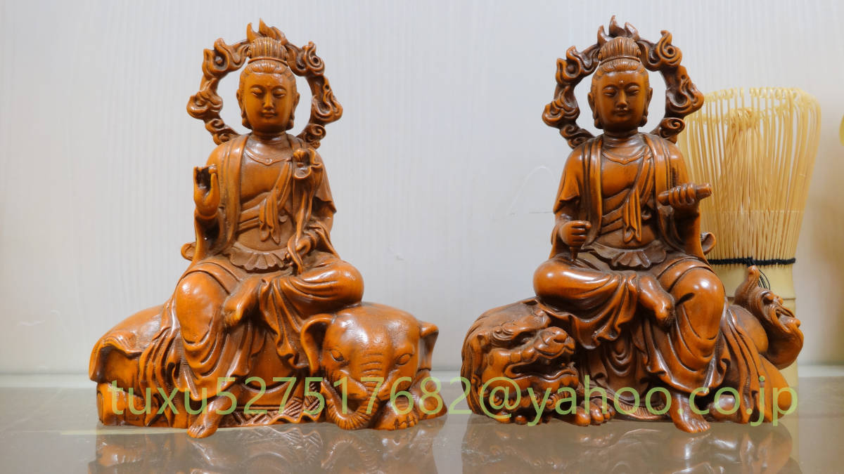 特上彫文殊菩薩普賢菩薩精彫造像木彫仏像仏教美術精密細工古美術品職人