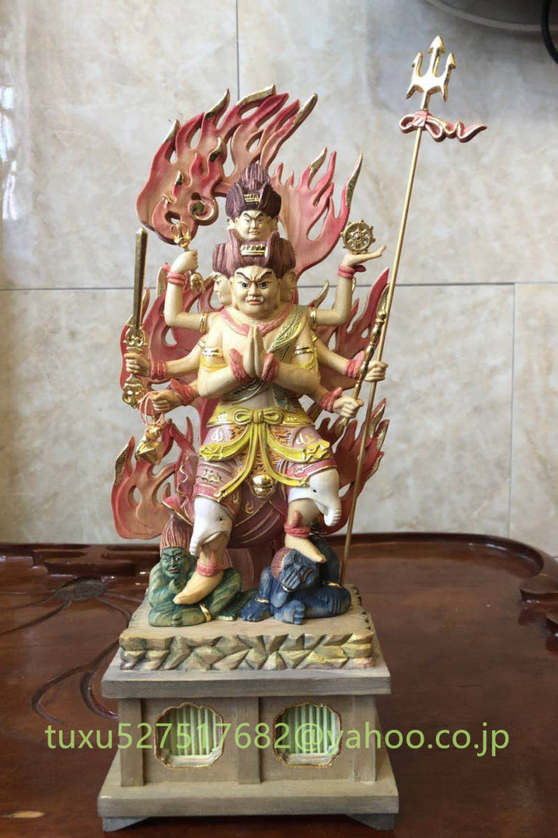 珍品 高32cm 極彩色 桧材製 仏教工芸品 木彫仏像 仏師手仕上げ品 
