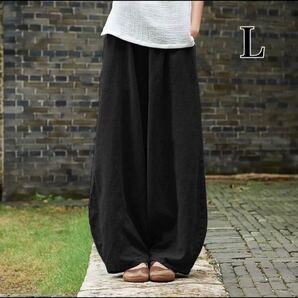 ワイドパンツ リネンパンツ サルエルパンツ オールシーズン バルーンパンツ 黒
