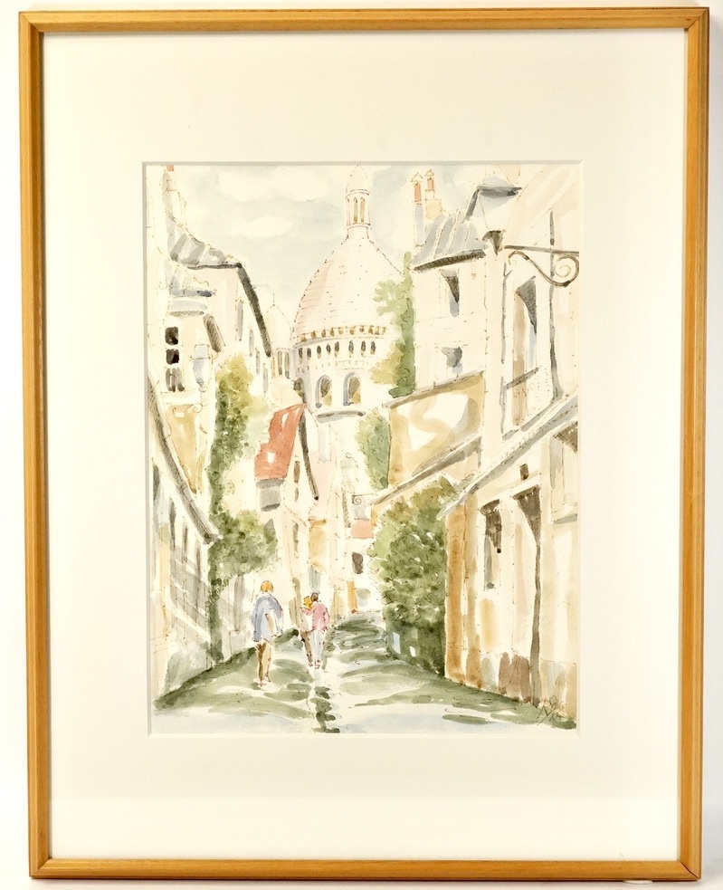 Vintage watercolor painting of a European townscape, size 5, painting, art, framed, width 41, 5cm Height 54cm Estate Sale HYK, Painting, watercolor, Nature, Landscape painting