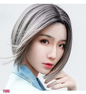 ウィッグ ショートボブ センター分けバング お洒落 フルウィッグ 女性 かつら 軽い 自然 ショートヘア 小顔抜群 ブラック×グレー