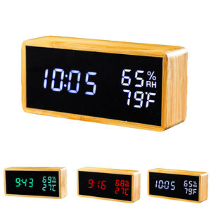 目覚まし時計 LEDデジタル時計 大音量 木目調 おしゃれ 置き時計 カレンダー付き アラーム機能 明るさ調節 温度表示 USB/乾電池