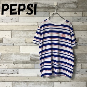 【人気】PEPSI/ペプシ PEPSI COLA ロゴ入り ボーダー柄 半袖 Tシャツ ホワイト×ブルー サイズL/A1884