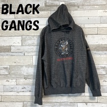 【人気】BLACK GANGS ビッグロゴ プルパーカー キャラ 霜降りブラック サイズL/A706_画像1