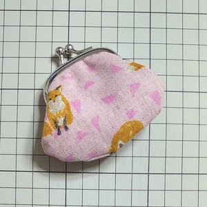 ハンドメイド がま口ポーチ 小銭入れ キタキツネ ピンク がま口 財布 コインケース