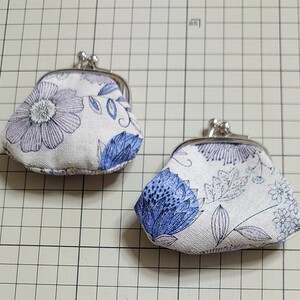 ハンドメイド がま口ポーチ コインケース 小銭入れ 小物入れ 花柄 ブルー 2点セット