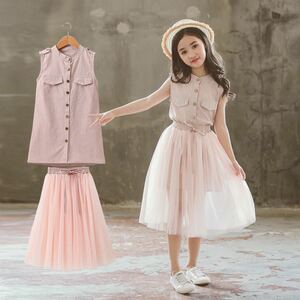 ワンピース ノースリーブ　キャミ　チュールスカートセットアップ　韓国子供服 ワンピースドレス