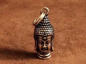 ダブルリング付き 真鍮製 キーホルダー（仏頭） : キーリング ネックレス 仏陀 観音 仏像 仏教 神様 お守り ブラス ペンダント トップ