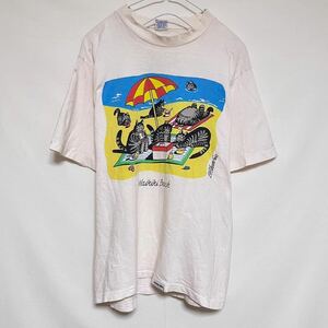 USA製 CRAZY SHIRTS HAWAII 古着 半袖 Tシャツ 猫 ねこ ネコ ビーチ 海 パラソル 白 ホワイト
