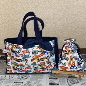 可愛いトムジェリ柄!!ハンドメイドリボン付きトートバッグ&ミニ巾着袋セット