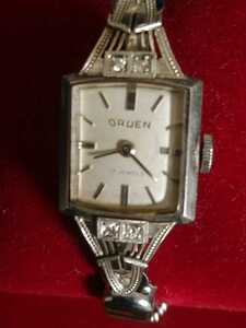  antique GRUEN Gruen platinum 850 diamond 4P lady's hand winding wristwatch a-ru deco form 