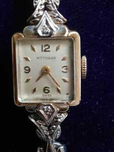  antique Wit na-WITTNAUER lady's 14K diamond 2P hand winding wristwatch a-ru deco 