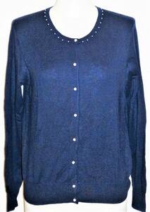 ( lady's * autumn winter thing * ensemble )KUMIKYOKU 3 pearl manner button knitted ensemble wool . dark blue beautiful goods 