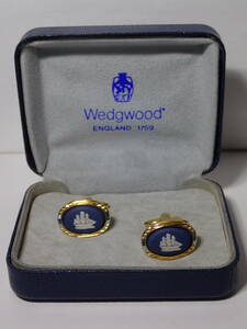 WEDGWOOD ウェッジウッド カフス 箱あり ダークブルー×シルバー×ゴールド 帆船 カフスボタン