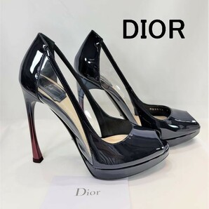 【新品】DIOR MIRAGE クリスチャンディオール パテントレザー ネイビー オープントゥ パンプス 36 KDP187VIVS06Nの画像1