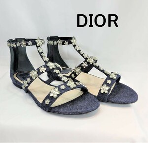 【新品】クリスチャンディオール　デニム　フラワーモチーフ　ラインストーン　アンクルストラップ　サンダル　DIOR GARLAND 36