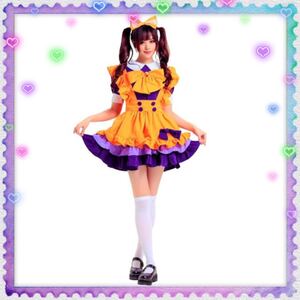 コスプレ 魔女 かぼちゃ ウェイトレス メイド服 ゴスロリ 6点セット エプロン ソックス オレンジ×紫 Mサイズ