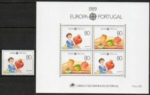 切手 D487 ポルトガル CEPT 子供の遊び 独楽 コマ 1V完+SL(2x2) 1989年発行 未使用