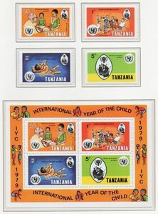 切手 D577 タンザニア IYC 国際児童年 こども 学習 医者 予防注射 科学実験 4V完+SL(2x2) 1979年発行 未使用