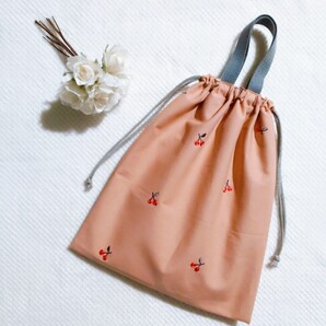【完成品】体操着袋 お着替え袋 さくらんぼ 刺繍 上履き入れ 女の子