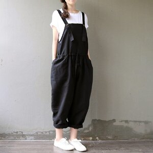 サロペット レディース Lサイズ ワイドパンツ オーバーオール 黒 オールインワン パンツ コーデ リネン ゆったり