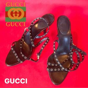 GUCCI サンダル グッチ レースアップ ヒールサンダル 黒 ブラックサイズ37 約24cm