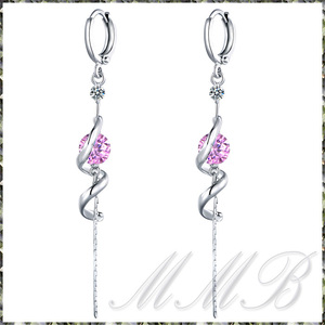 [EARRING] White Gold Long Tassel ピンクCZ スプリングコイル ダングル タッセルチェーン ロングピアス 【送料無料】