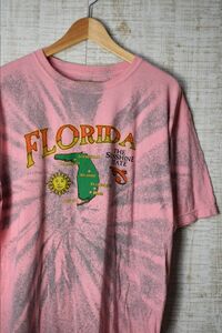 ☆ビッグサイズ US古着 FLORIDA デザインイラスト プリント Tシャツ タイダイ 柄 ピンク【XLくらい】コットン　　◆3137◆