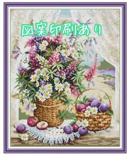 クロスステッチキット 淡花とプルーン 14CT 図案印刷あり