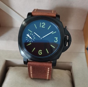 限定版　Geervo 4４ミリメートル ブラックダイヤル グリーン文字盤　発光　茶色レザー 手巻き機械式腕時計