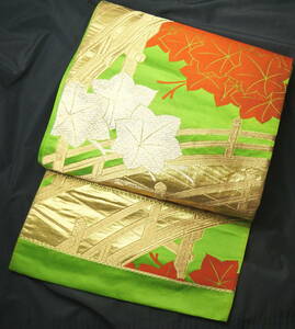 2059★正絹/黄緑色に金糸の橋が綺麗な紅葉模様の袋帯★