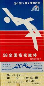 ◇ 名鉄 Ｓ５８年全国高校総体 記念 乗車券 知立 → 金山橋 通用 S５８.８.３１ まで 知立駅発行　軟券 　　　　　