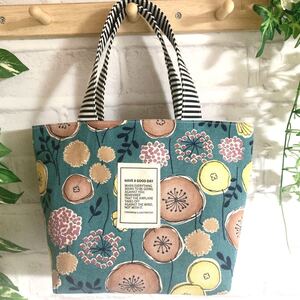 北欧の森 ミニトートバッグ ハンドメイド 北欧風 ターコイズブルー 花柄 ランチバッグ