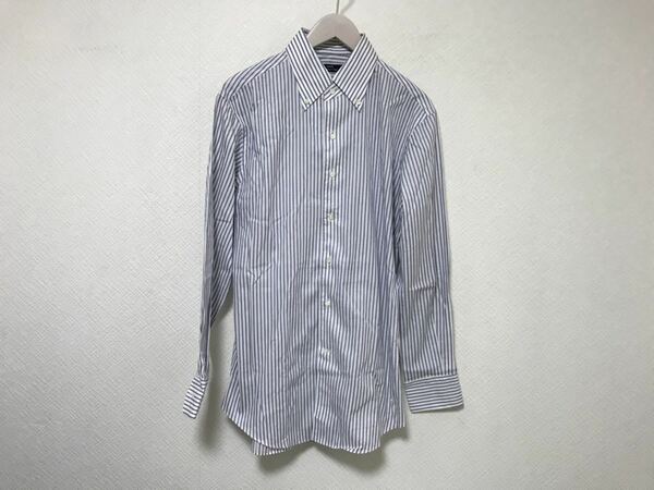 美品本物シップスshipsコットンストライプ柄ワイシャツドレス長袖シャツスーツビジネスM41メンズ日本製ホワイト白ブルー
