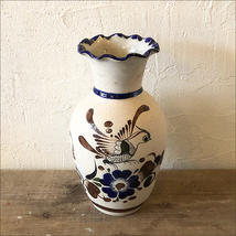 【メキシコ トナラ焼 フワワーベース(鳥絵柄)】検：ヴィンテージ陶器花瓶プリミティブボタニカル柄_画像2