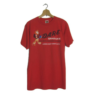 Tシャツ D.A.R.E. プリントTシャツ FRUIT OF THE LOOM 赤 ライオンのキャラクター メンズ Mサイズ 古着 ティーシャツ #n-68