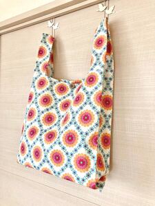 レトロ花柄オレンジ×水色☆エコバッグ☆アンティーコ☆ハンドメイド