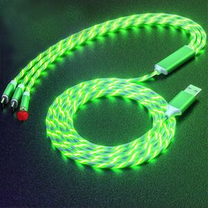 3in1 急速充電ケーブル 流れるLEDライト iPhone/android/type -c対応 長さ1.2m グリーン