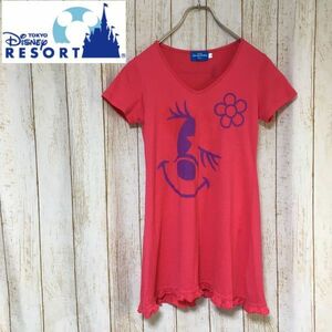 【美品】TDR 東京ディズニーリゾート ミニー フェイス柄 Tシャツ チュニック ワンピース Lサイズ レディース フリル ピンク ランド シー