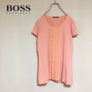 【HUGO BOSS】ヒューゴボス シルクフロントフリル 半袖 カットソー トップス Sサイズ/M相当 ピンク レディース