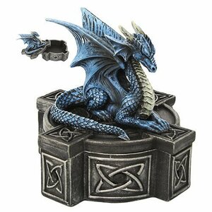神秘的なブルーのドラゴンが、祭壇ドレイクの上に乗った、ケルトの十字架蓋付きボックス置物 彫刻(輸入品