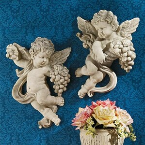 収穫を喜ぶケルビム（子どもの天使）壁彫刻 彫像/ Cherub Harvest Wall Sculptures, Full Color（輸入品