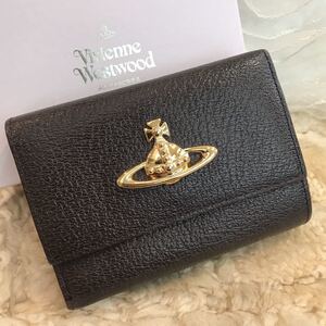 ☆美品☆ヴィヴィアンウエストウッド コンパクト財布 オーブ レザーVivienne Westwood 二つ折り財布 ダークブラウン