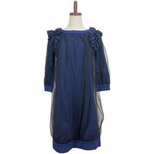美品　LANVIN en bleu ランバン　レディース　ブルー　デザイン　長袖　ワンピース　ドレス　38表記
