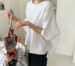 M size # autumn new goods natural easy wonderful plain cotton flax large size short sleeves blouse shirt tunic * white 