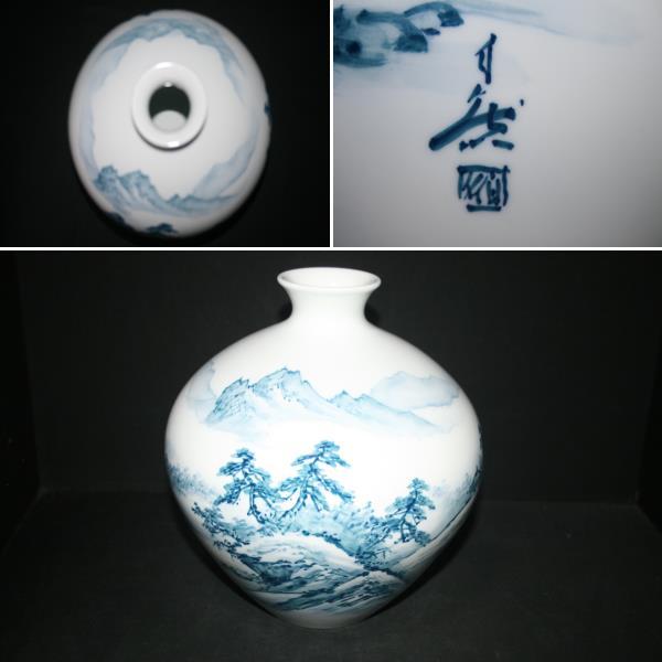 ☆Made by Katsuun Fujii/Modern master craftsman/Popular artist/Painter Kinzenten/Dyeed/Landscape/Vase/Roter-pulled/Hand-painted/Unused☆☆, japanese ceramics, Imari, Arita, Blue and white porcelain