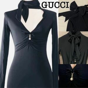 GUCCI Gucci bow Thai ribbon stole tops cut and sewn black rayon 